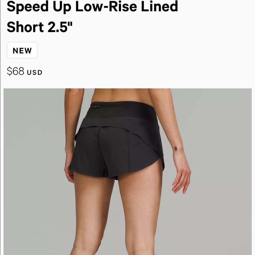 Lululemon black Speed Up shorts, size 2 regular, 2.5” inseam, low rise